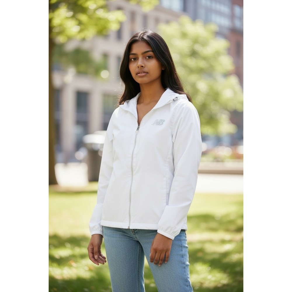 New Balance Womens White Iridescent Holographic Hooded Windbreaker Jacket Large